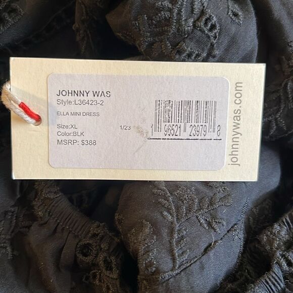 NWT- JOHNNY WAS- ELLA SILK COTTON MINI DRESS BLACK EYELET PUFF SLEEVES, Size XL - Picture 5 of 16